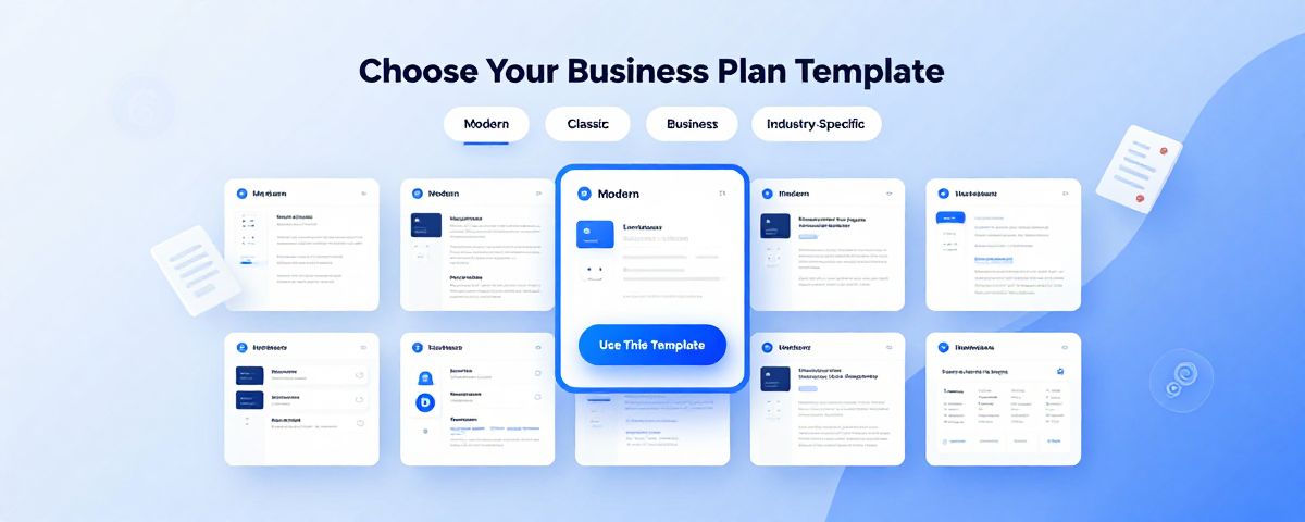 Business plan template gallery showing startup, strategic, and operational business plans for different industries